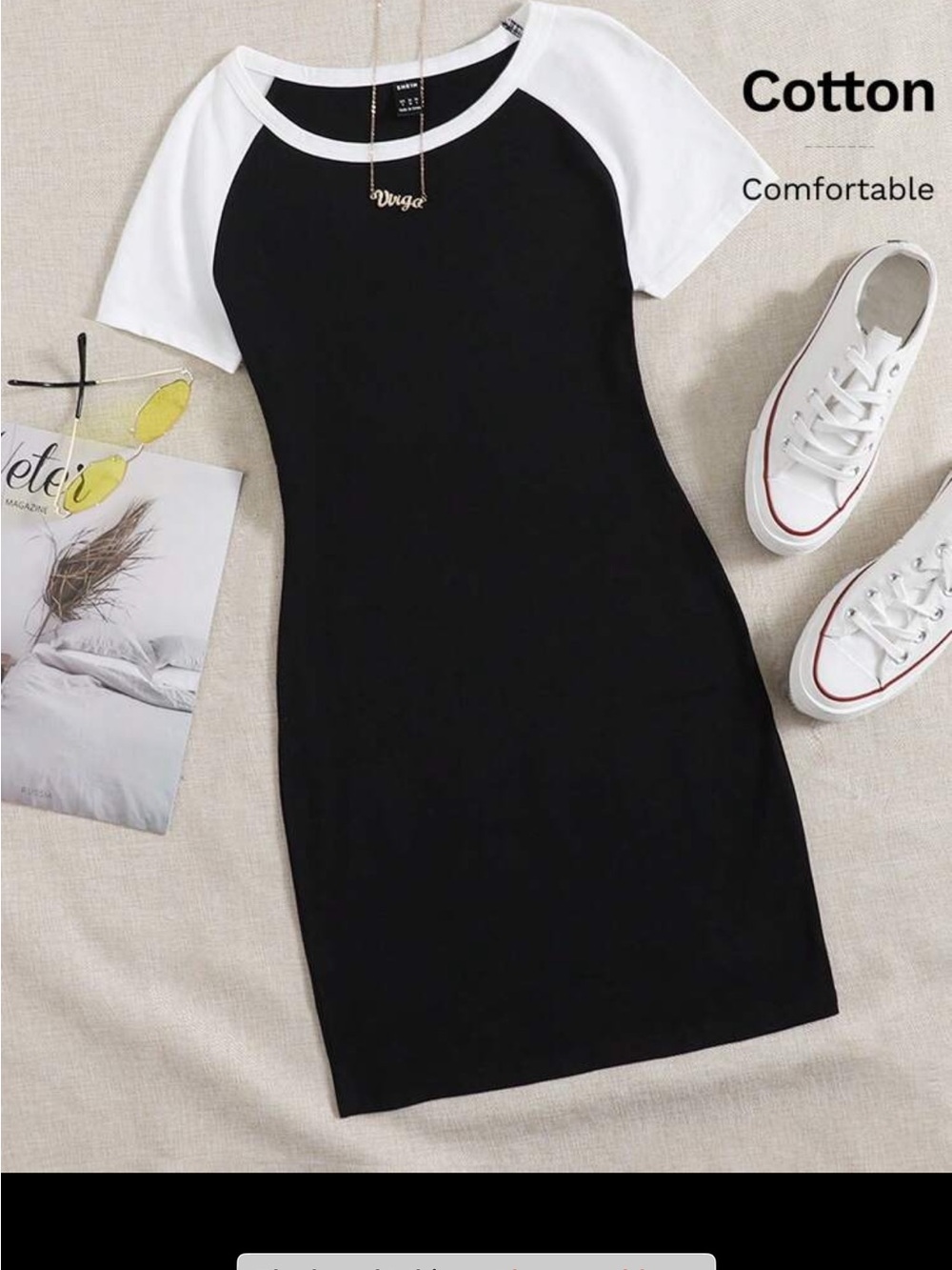 SHEIN Black Bodycon Raglan Short Sleeve Dress with White Sleeves